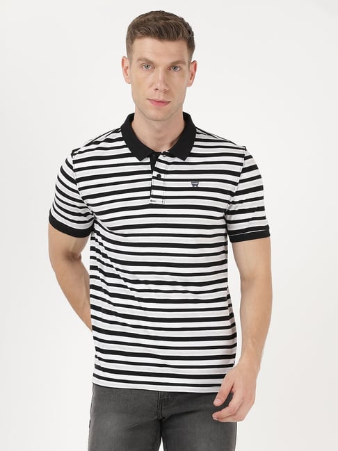 Wrangler White & Black Cotton Regular Fit Striped Polo T-Shirt