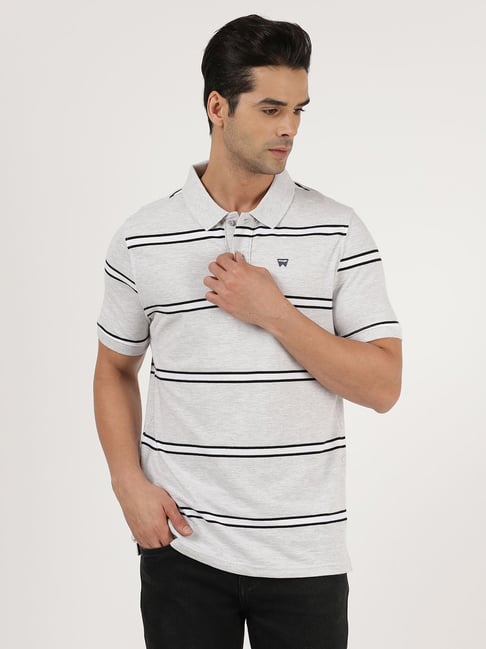 Wrangler Grey & Black Cotton Regular Fit Striped Polo T-Shirt