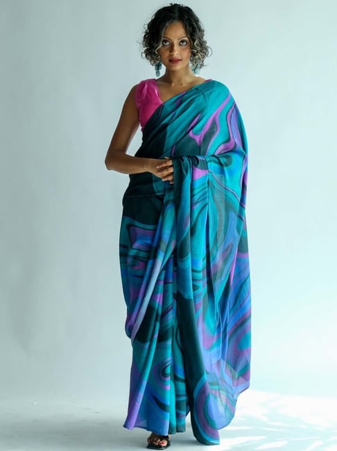 Suta Blue Printed Saree Without Blouse Price in India