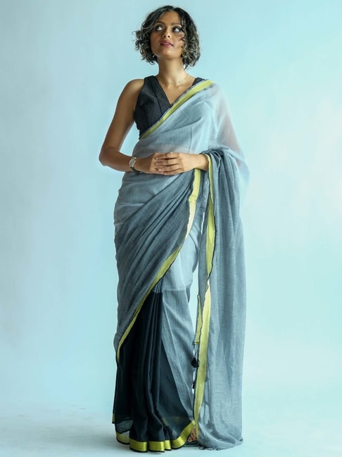 Suta Grey & Black Saree Without Blouse Price in India