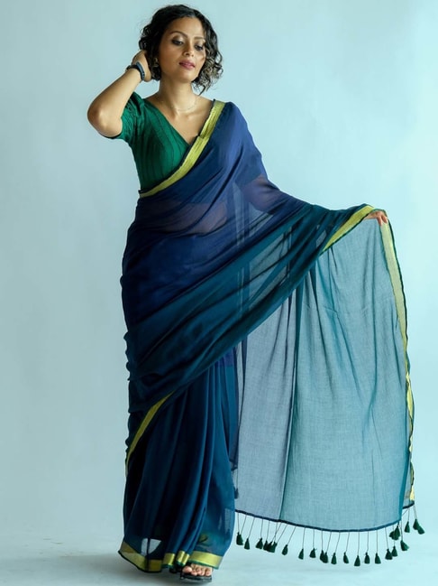 Green Contrast Blouse With Navy Blue Bandhani Printed Patola Saree – TAPEE