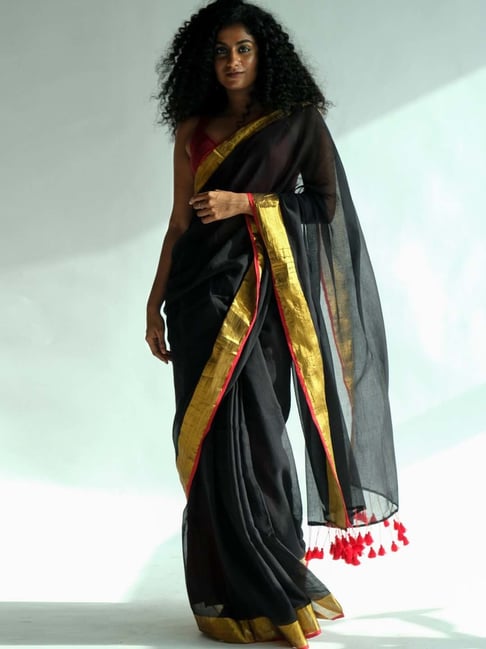 JUST FASHION Black Silk Woven Saree With Unstitched Blouse