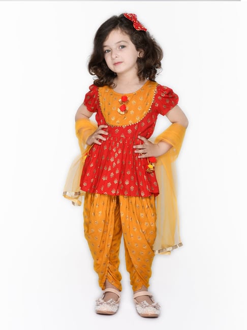 Saka Designs Kids Red & Mustard Printed Jhabla with Dhoti & Dupatta-picture-29