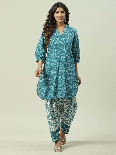 Biba Teal Blue Cotton Printed Kurta Pant Set Price in India