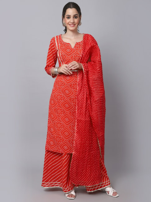 Anokherang Red Cotton Bandhani Print Kurta Palazzo Set With Dupatta Price in India