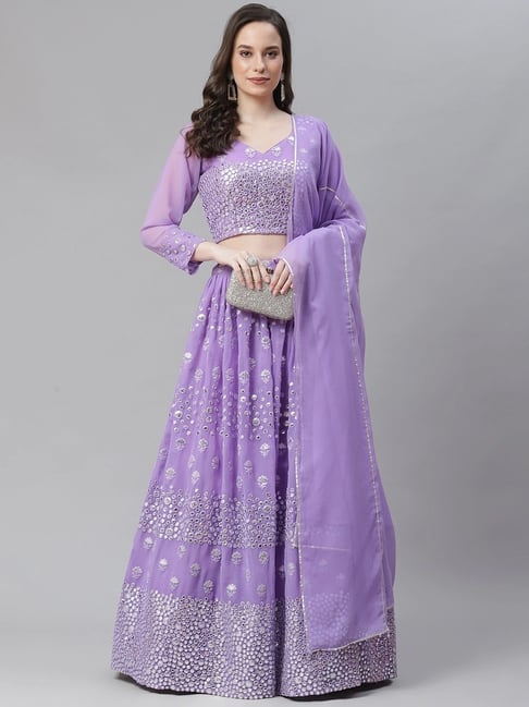 READIPRINT FASHIONS Purple Embellished Semi-Stitched Lehenga Choli Set With Dupatta Price in India