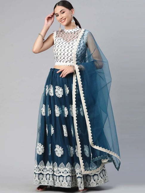 New Designer Blue Color Florence Lehenga And White Dupatta. - Shahi Fits