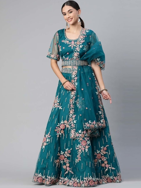 READIPRINT FASHIONS Blue Embroidered Lehenga Choli Set With Dupatta Price in India