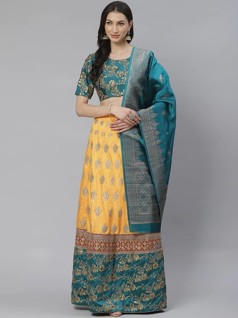 Buy online Yellow & Blue Cotton Saree Lehenga from ethnic wear for Women by  Kiran Udyog for ₹1299 at 44% off | 2024 Limeroad.com