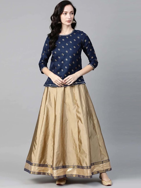 READIPRINT FASHIONS Blue & Golden Printed Kurta Skirt Set Price in India
