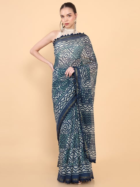 Soch Blue Cotton Printed Saree With Unstitched Blouse Price in India