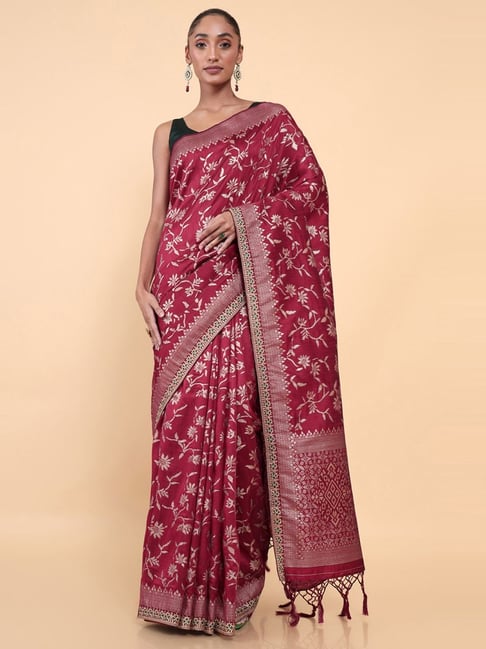 Soch Maroon Silk Woven Saree With Unstitched Blouse Price in India