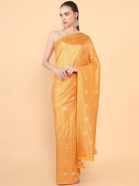 Soch Mustard Woven Saree With Unstitched Blouse Price in India