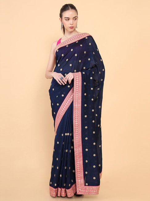 Soch Navy Embroidered Saree With Unstitched Blouse Price in India