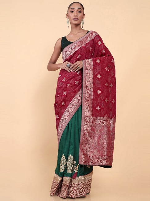 Soch Maroon & Green Woven Saree With Unstitched Blouse Price in India