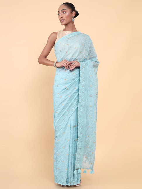 Soch Blue Embroidered Saree With Unstitched Blouse Price in India