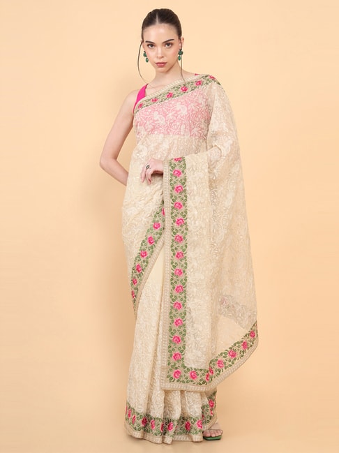 Soch Beige Embroidered Saree With Unstitched Blouse Price in India