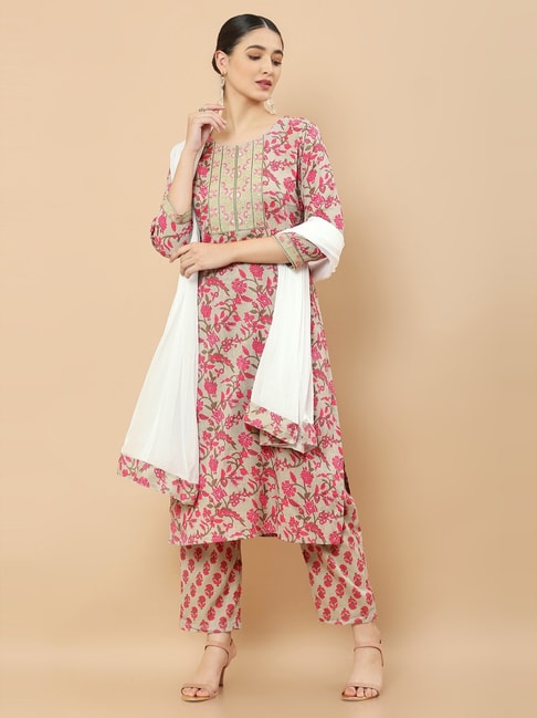 Soch Beige Cotton Embroidered Kurta Pant Set With Dupatta Price in India