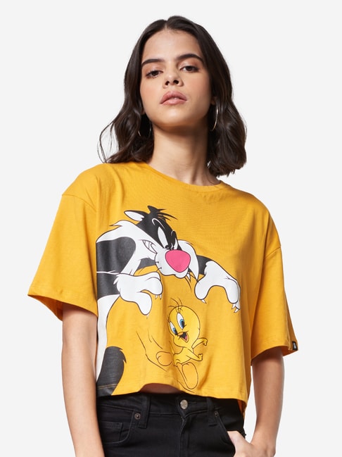 The Souled Store Yellow Cotton Looney Tunes Print Crop T-Shirt Price in India