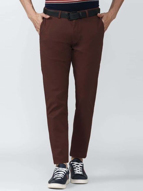 Peter England Casuals Brown Cotton Slim Fit Trousers