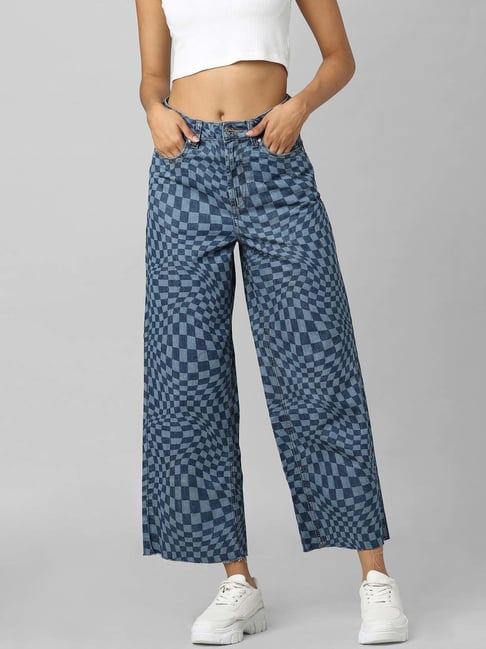 Only Blue Check Lightly Washed Jeans-image-24