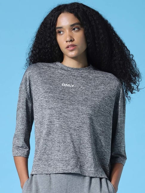 Only Grey Round Neck Self Design T-Shirt