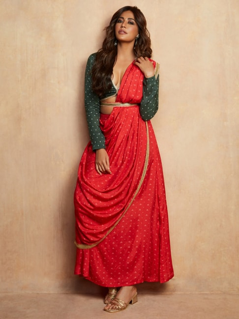 true Browns Red Silk Printed Ready To Wear Saree With Belt
