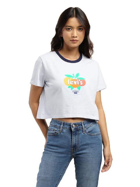 Levis Levi's Light Blue Cotton Printed Crop T-Shirt