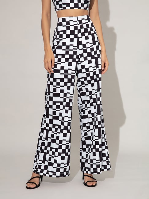 Get Blue  White Abstract Checkered Flared Pants at  699  LBB Shop