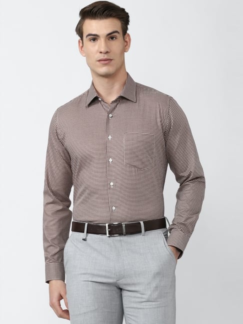 Van Heusen Brown Cotton Slim Fit Checks Shirt