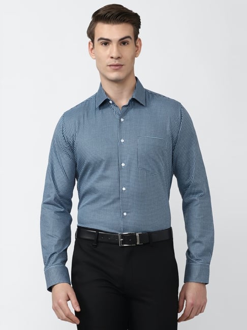 Van Heusen Blue Cotton Slim Fit Checks Shirt