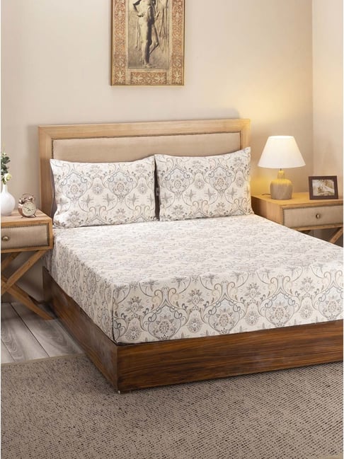 Maspar Hues Nouveau Tradition Lawn Rerun Beige Cotton 300 TC Double Bedsheet & 2 Pillow Covers-picture-11