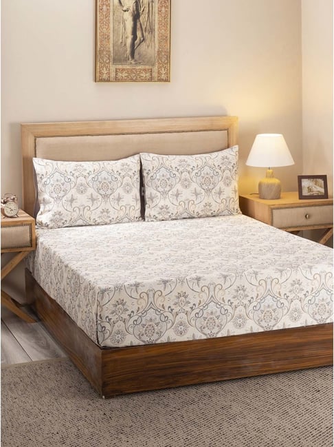 Maspar Hues Nouveau Tradition Lawn Rerun Beige Cotton 300 TC King Bedsheet & 2 Pillow Covers-picture-12