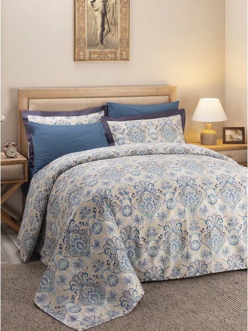 Maspar Hues Nouveau Tradition Lawn Rerun Blue Cotton 300 TC King Duvet Cover & 2 Pillow Covers-picture-10