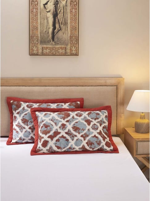 Maspar Hues Nouveau Tradition Form Replay Fiery Red & Beige Cotton 300 TC Pillow Sham - Set of 2-picture-13
