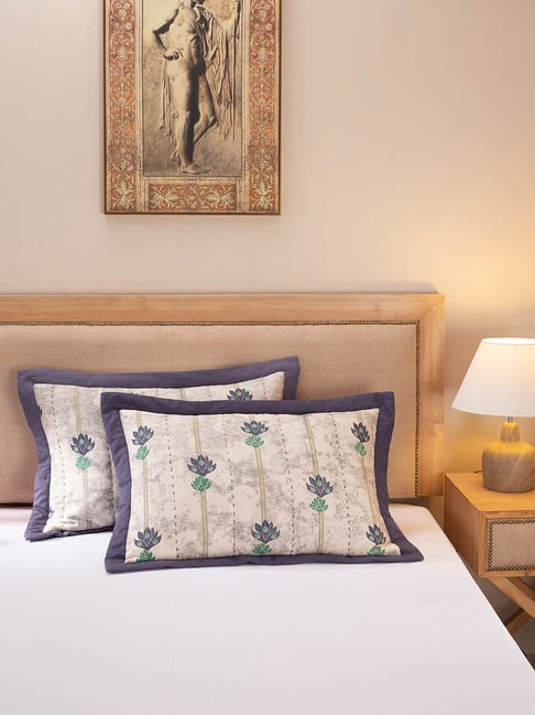 Maspar Hues Nouveau Tradition Water Lily Purple & Beige Cotton 300 TC Pillow Sham - Set of 2-picture-15