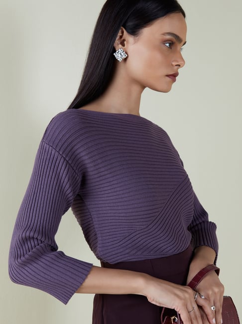 Wardrobe by Westside Plum Ribbed-Textured Top Price in India