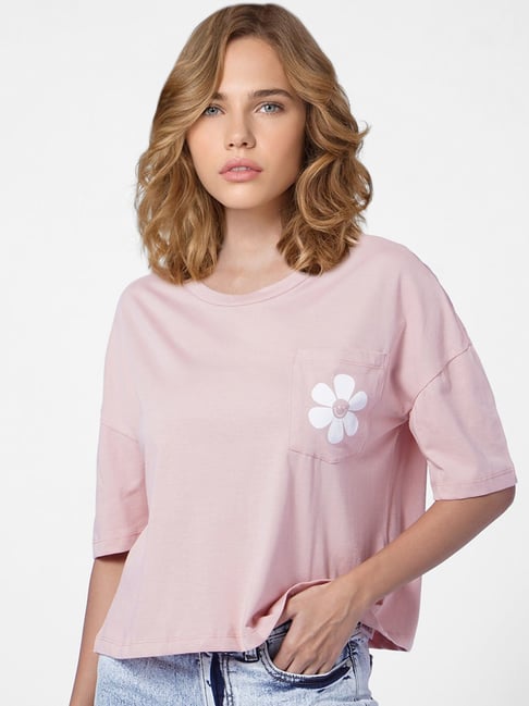 Only Pink Cotton Printed T-Shirt