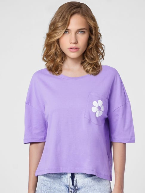 Only Purple Cotton Printed T-Shirt