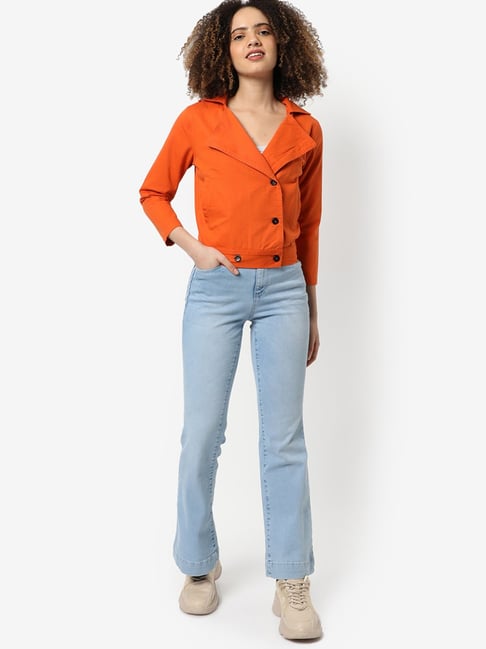 Campus Sutra Orange Cotton Denim Jacket