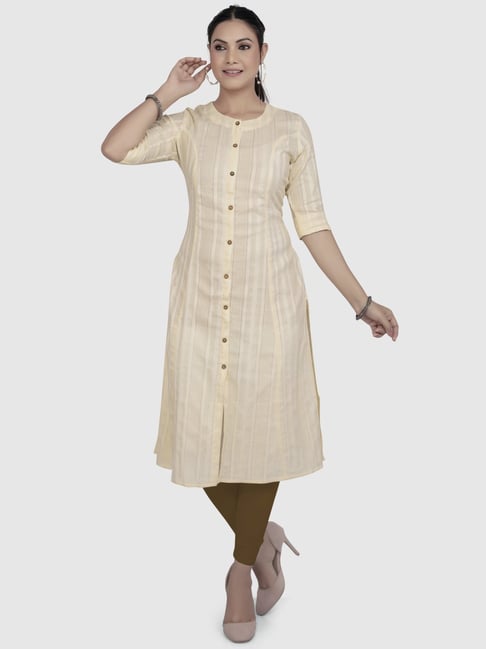 Anarkali style Cotton fabric Cream color kurti with Mirror, Thread work  with Bottom & Dupatta