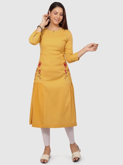 EMBROIDERY SEQUENCE YELLOW COLOUR NET STRAIGHT KURTIS