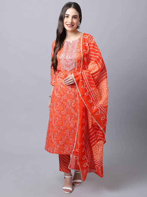 Rajnandini Orange Cotton Embroidered Kurta Pant Set With Dupatta Price in India
