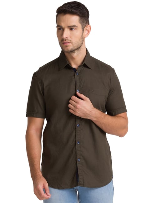 Brown Mens Short Sleeve Button up Shirts - Tailored Slim Fit Cotton Dress  Shirts