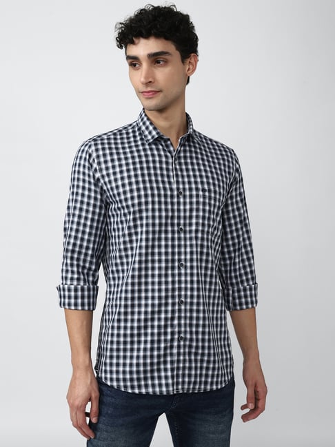 Peter England Blue Slim Fit Check Cotton Shirt