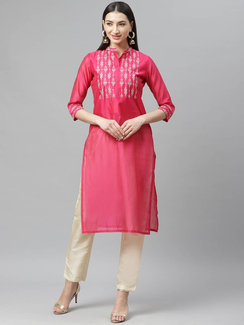 Myshka Pink & Golden Printed Kurta Pant Set Price in India