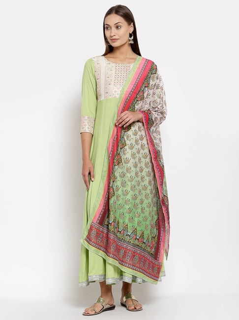 Myshka Green Woven Pattern A Line Kurta With Dupatta Price in India