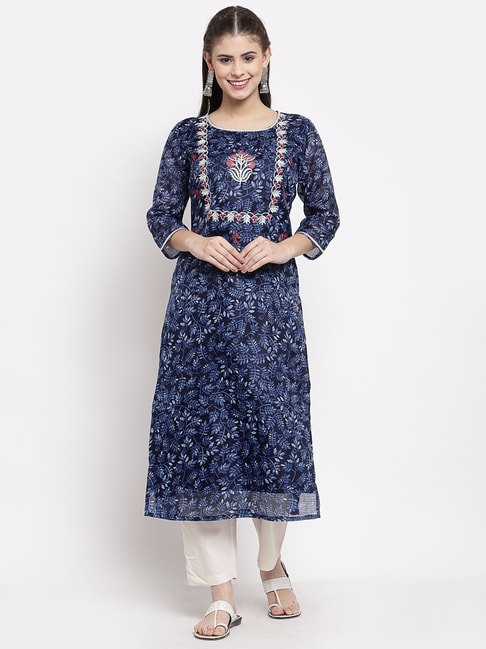 Myshka Blue Cotton Embroidered Straight Kurta Price in India