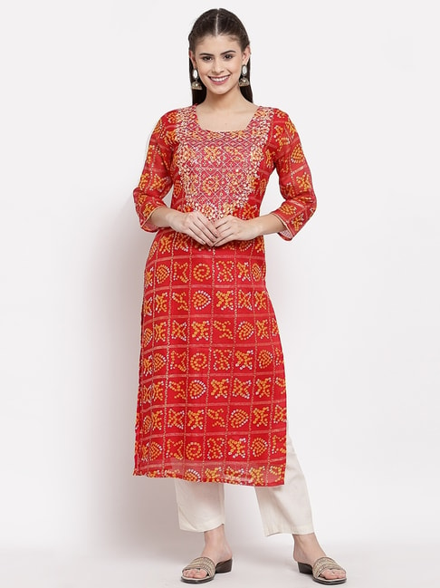 Myshka Red Cotton Embroidered Straight Kurta Price in India
