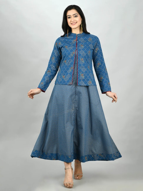 Myshka Blue Cotton Printed Kurta With Jacket Price in India